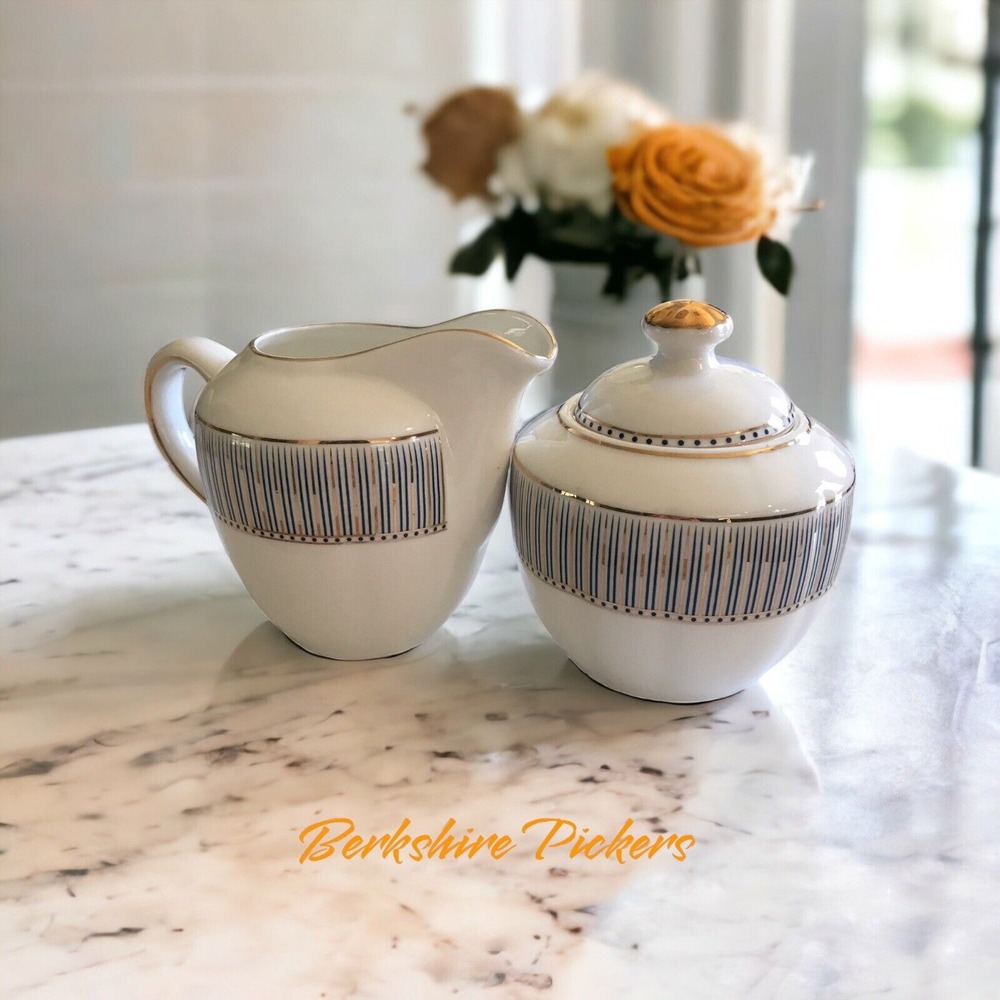 Grace's Teaware Porcelain Cream & Sugar Set Tea Serving‎ White Blue Gold Stripes